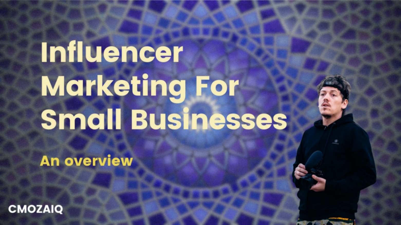 a cover image of the article: influencer marketing forsmall businesses. with a mosaic background and a picture of an influencer